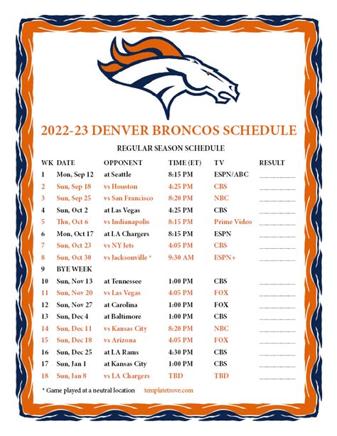 Denver Broncos Printable Schedule